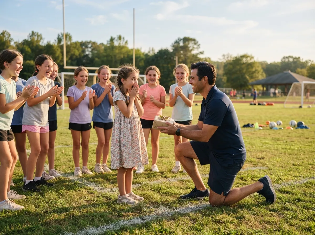 Young girl joyfully surprised receiving a gift on a sunny athletic field with teammates.