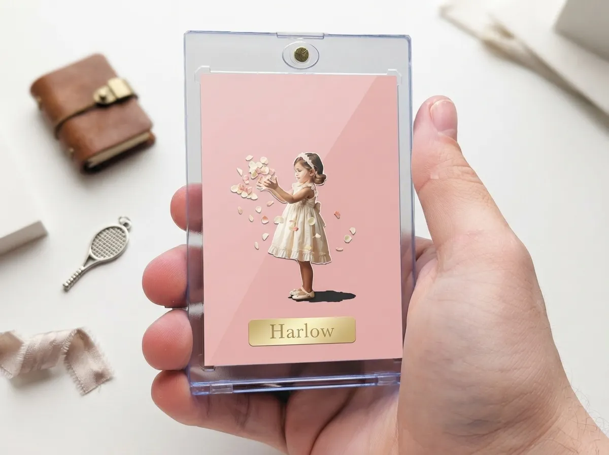 Custom flower girl proposal sports trading card in clear magnetic case on white tabletop.