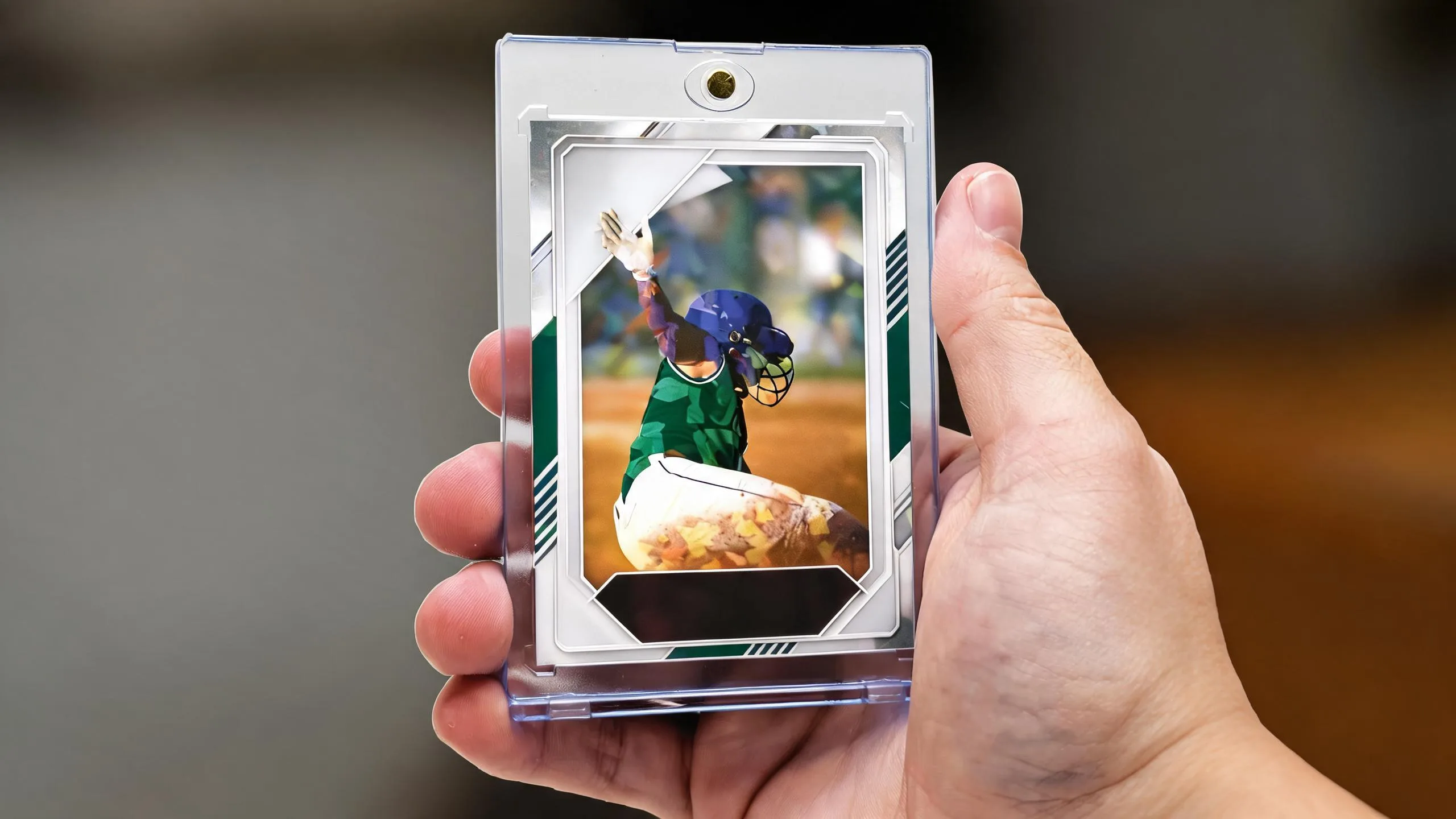 Hand holding magnetic case with sunlit foil vs holographic trading card, blank nameplate, portrait format.