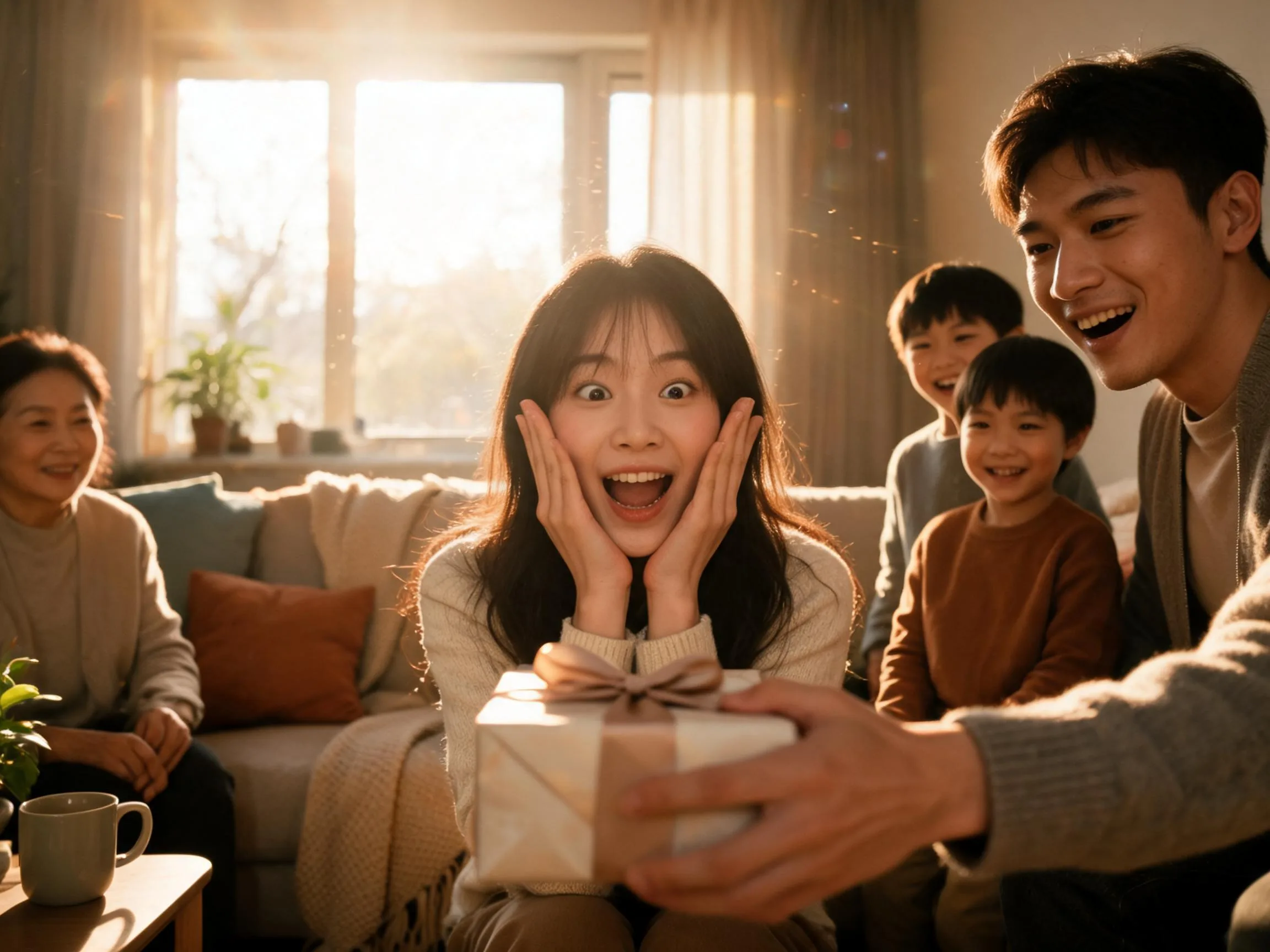 Family member reacting with genuine surprise and joy while receiving an unexpected gift indoors.