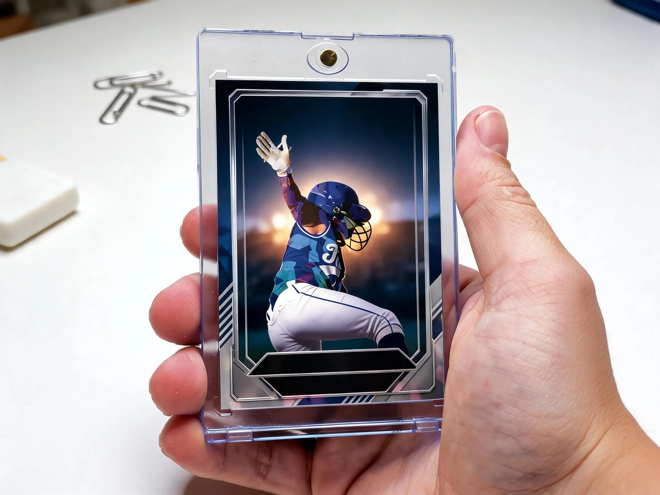 Custom keepsake trading card in magnetic case, stadium-night design, blank foil tab, no text.