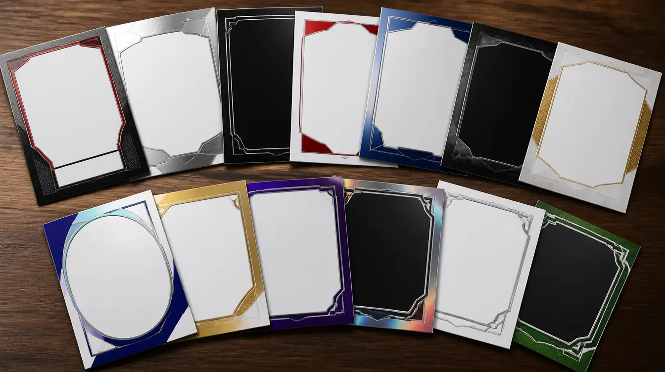 An assortment of blank football trading cards in glossy and matte finishes
