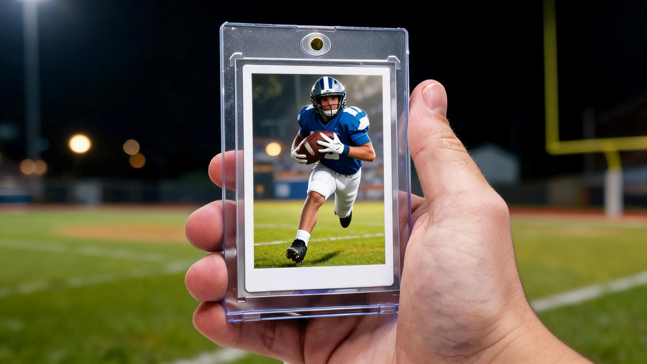 Football card creator design in a magnetic case, held under stadium lights at sunset.