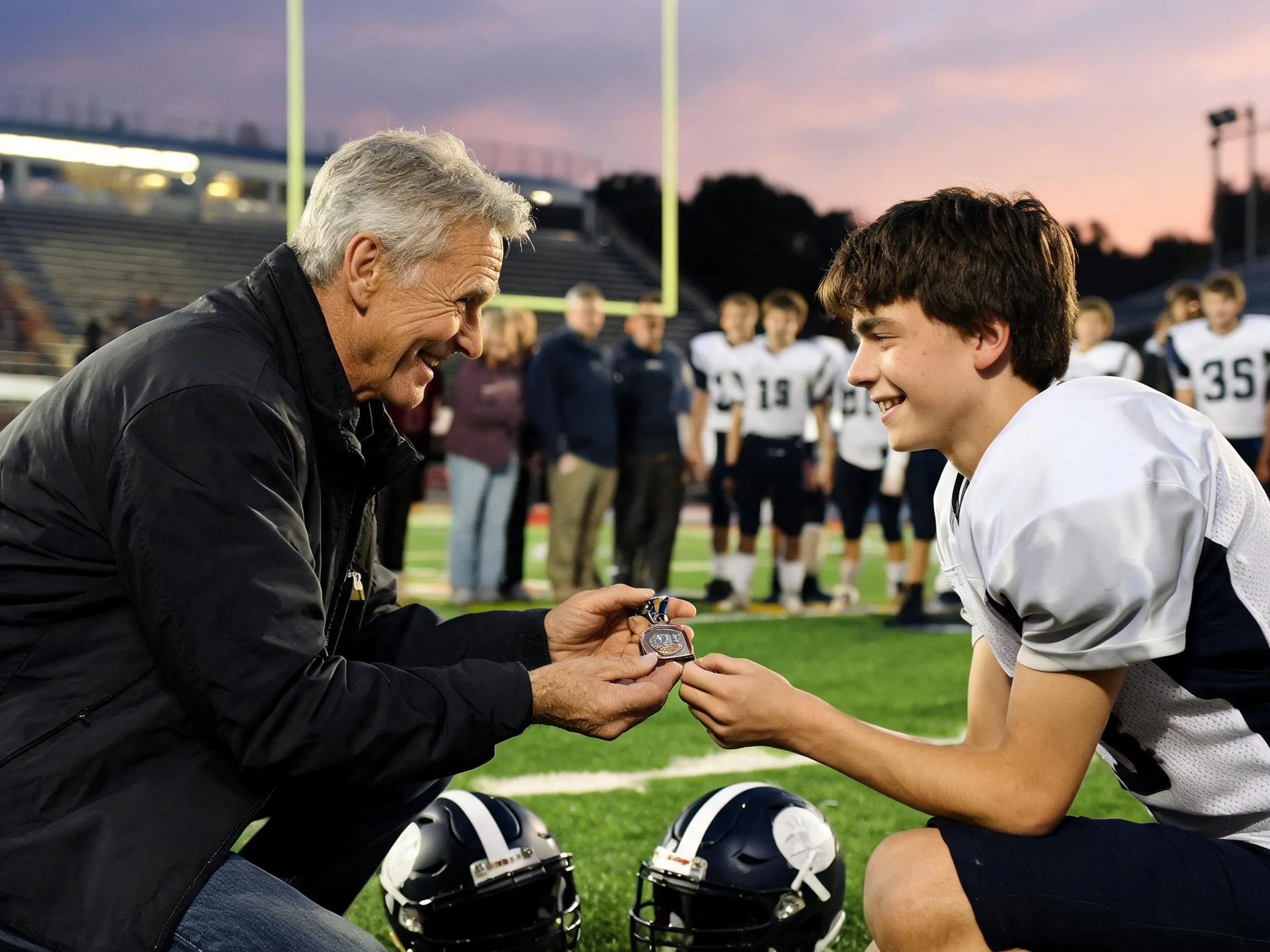 Coach and young football player share a proud, emotional moment under stadium lights.
