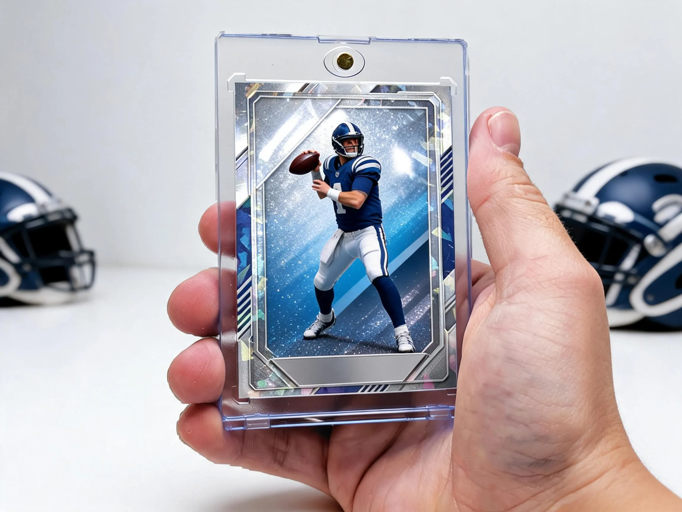 Custom football trading card with silver-blue refractor design in magnetic display case.