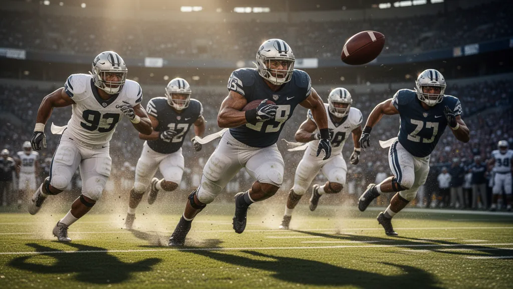 Football players in dynamic action competing for the ball during an outdoor game with natural lighting