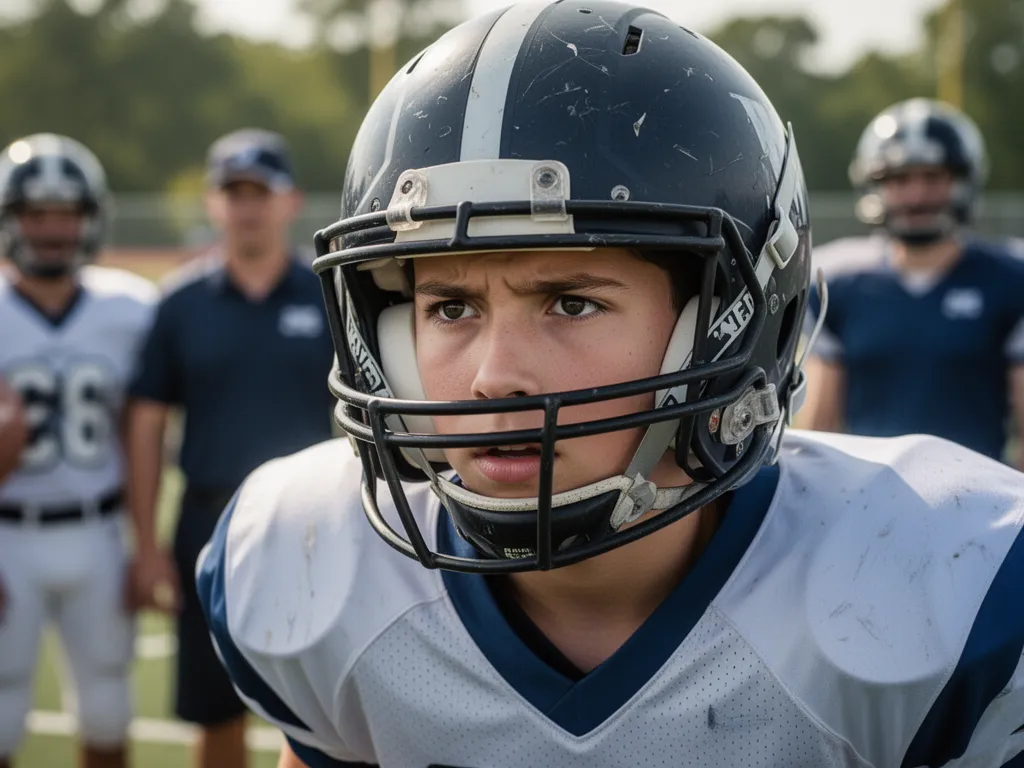 Young football player wearing helmet with focused determined expression surrounded by teammates