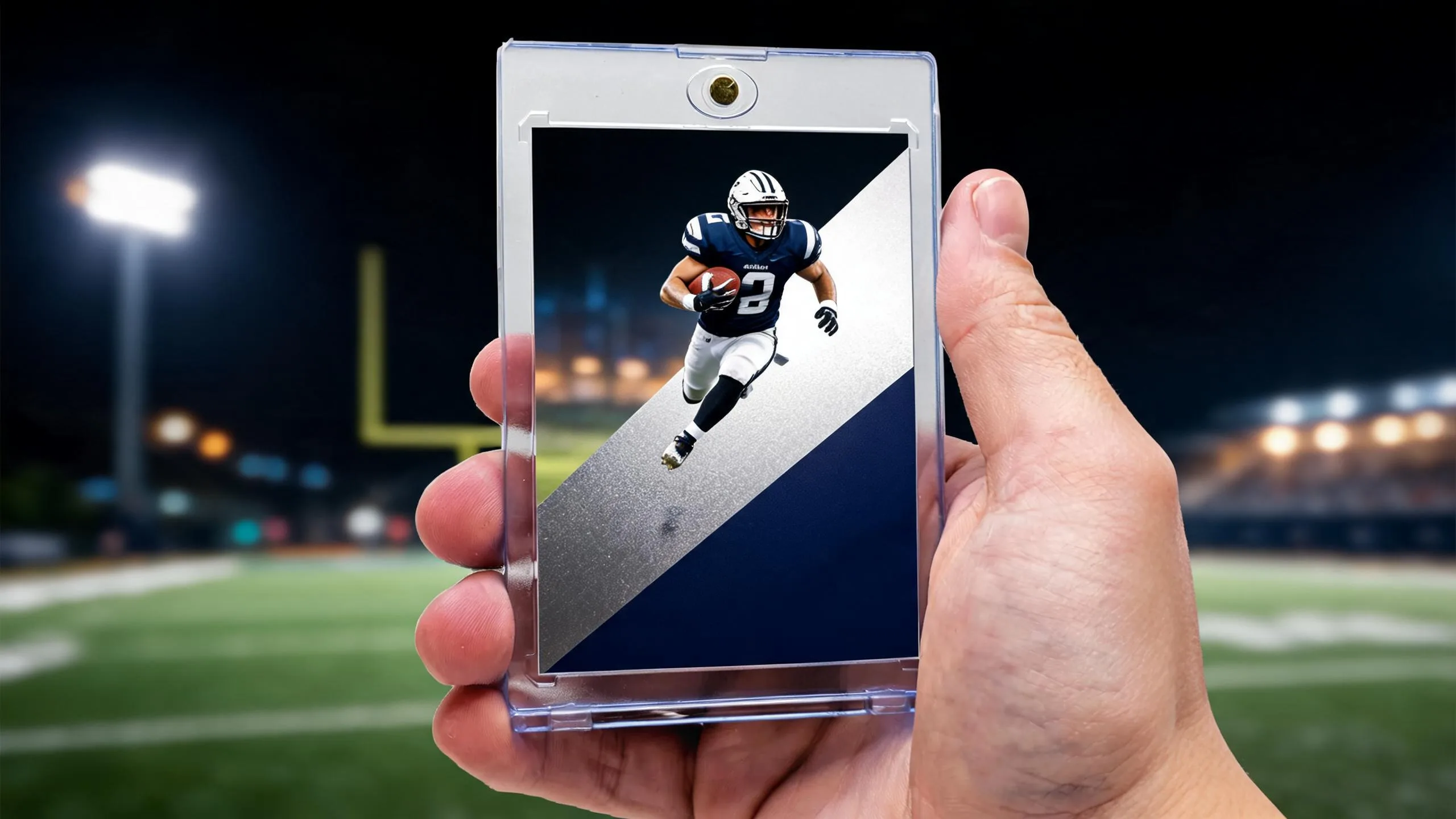 Football card generator design in a magnetic case, held before Friday night stadium lights.