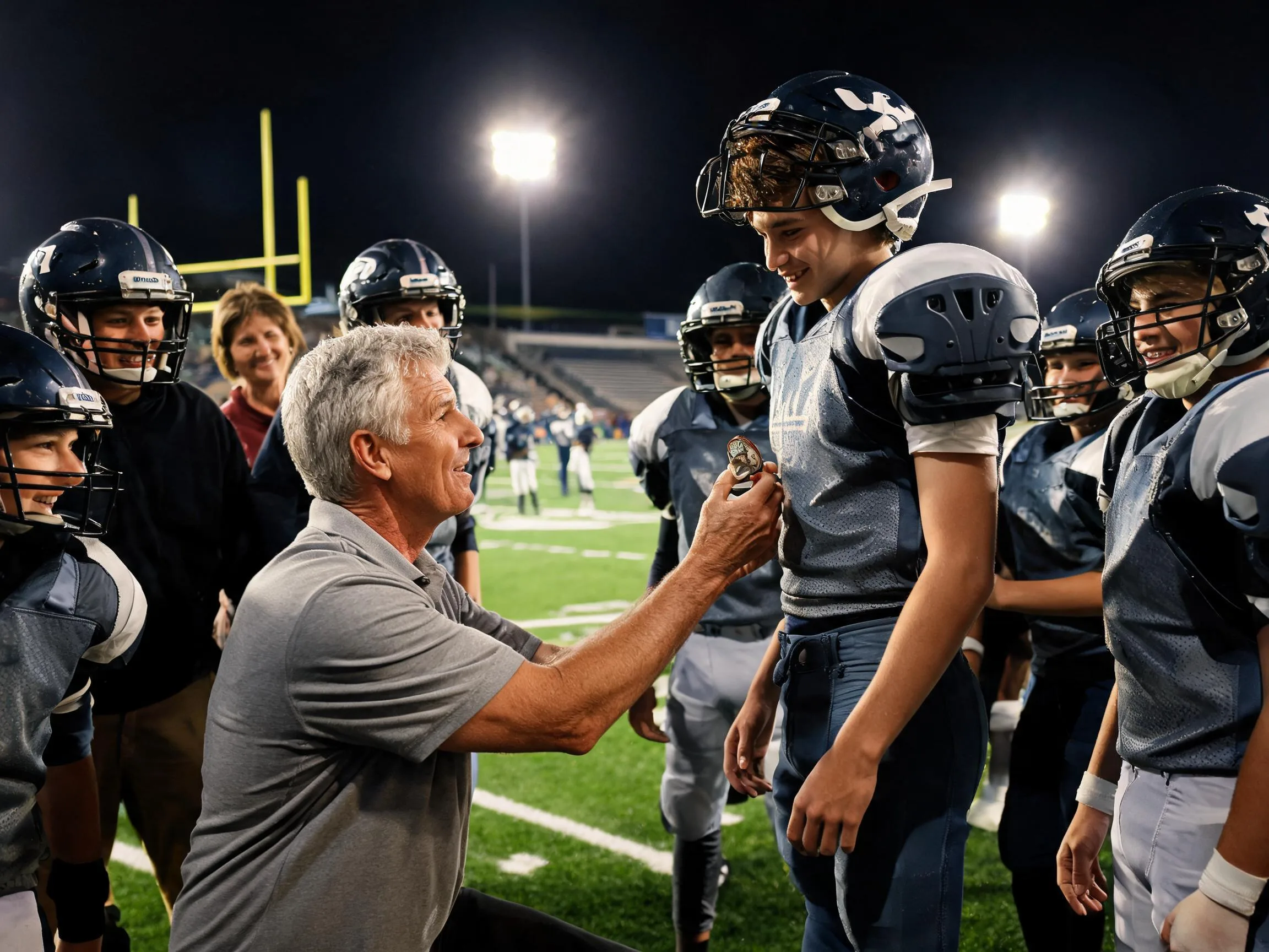 Coach and young football player share a proud moment under Friday night stadium lights.