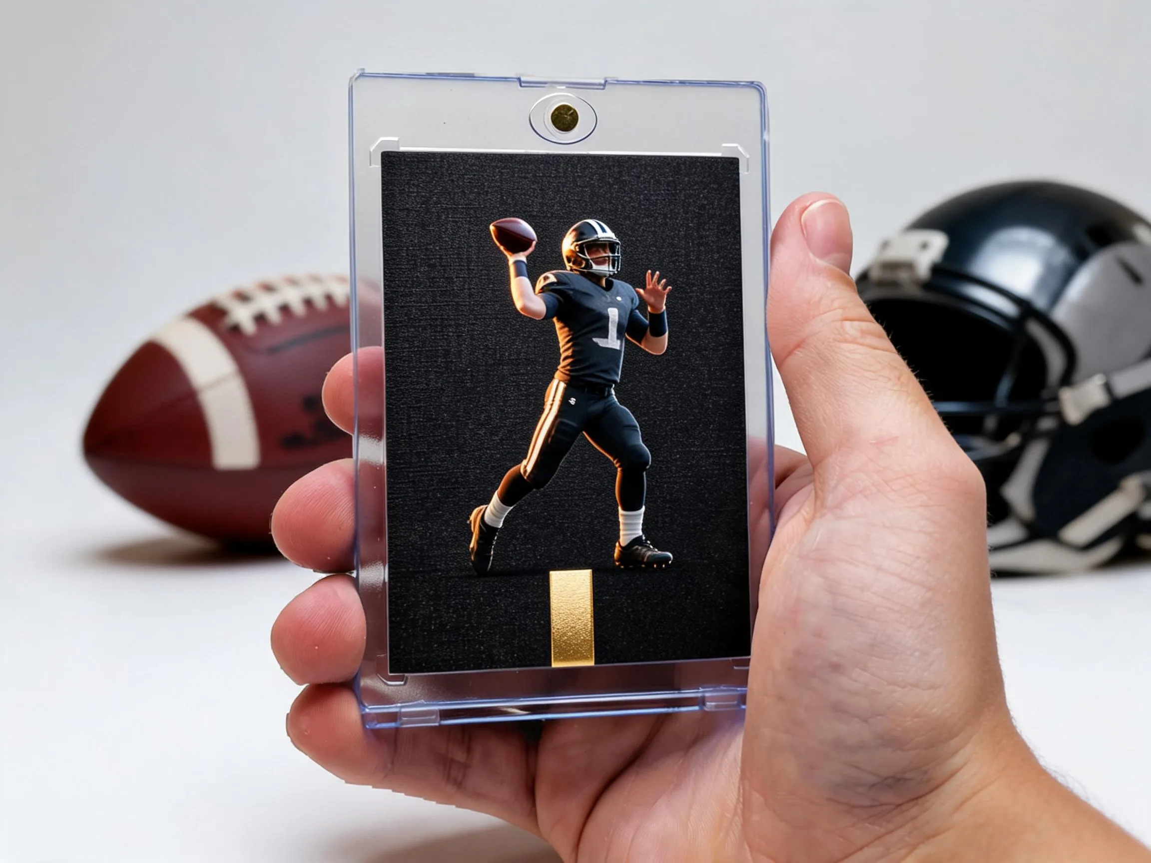 Custom football trading card in a magnetic case with gold-foil accent on white tabletop.