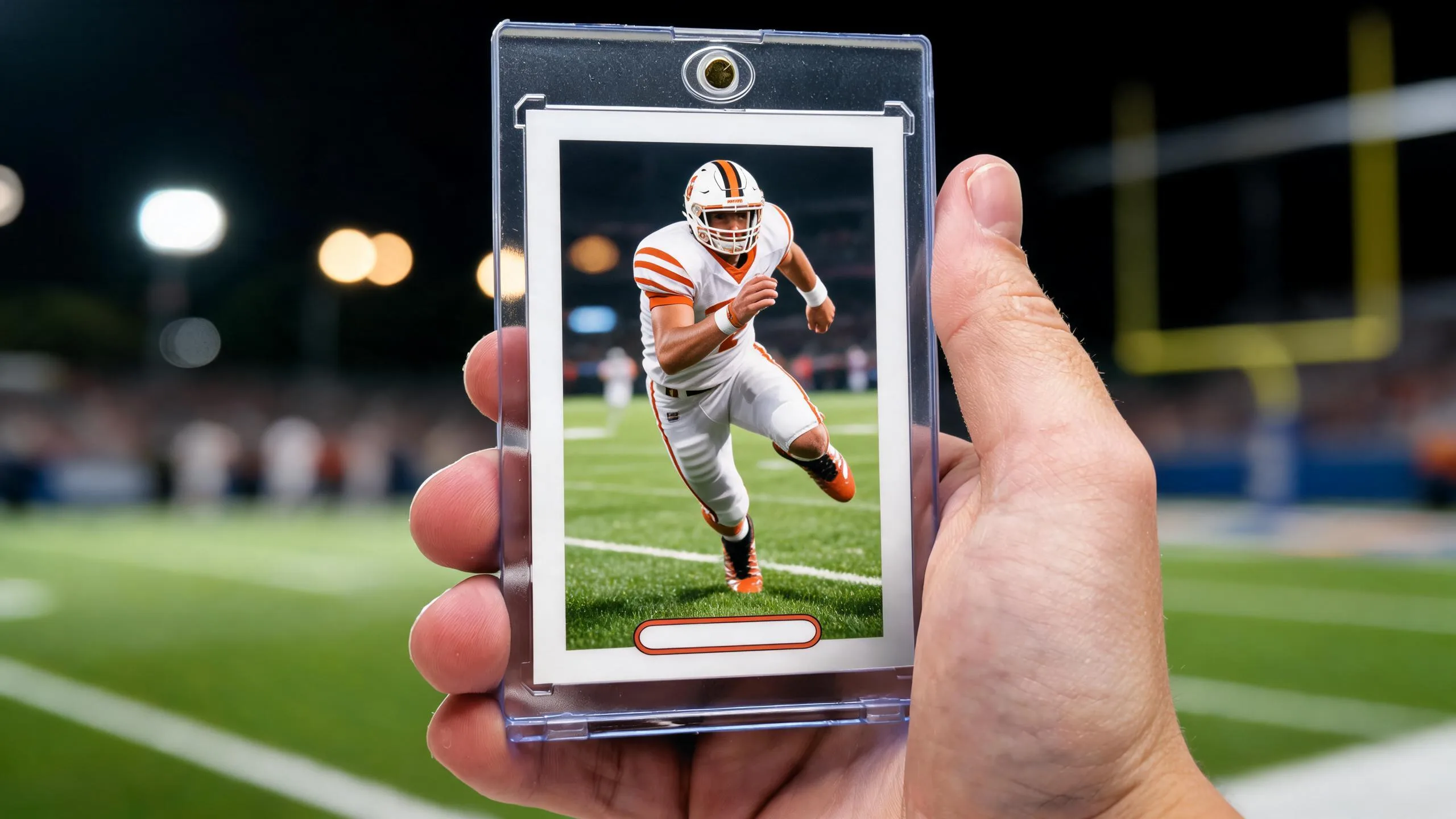 Hand holding football card maker magnetic case with custom running back trading card design.