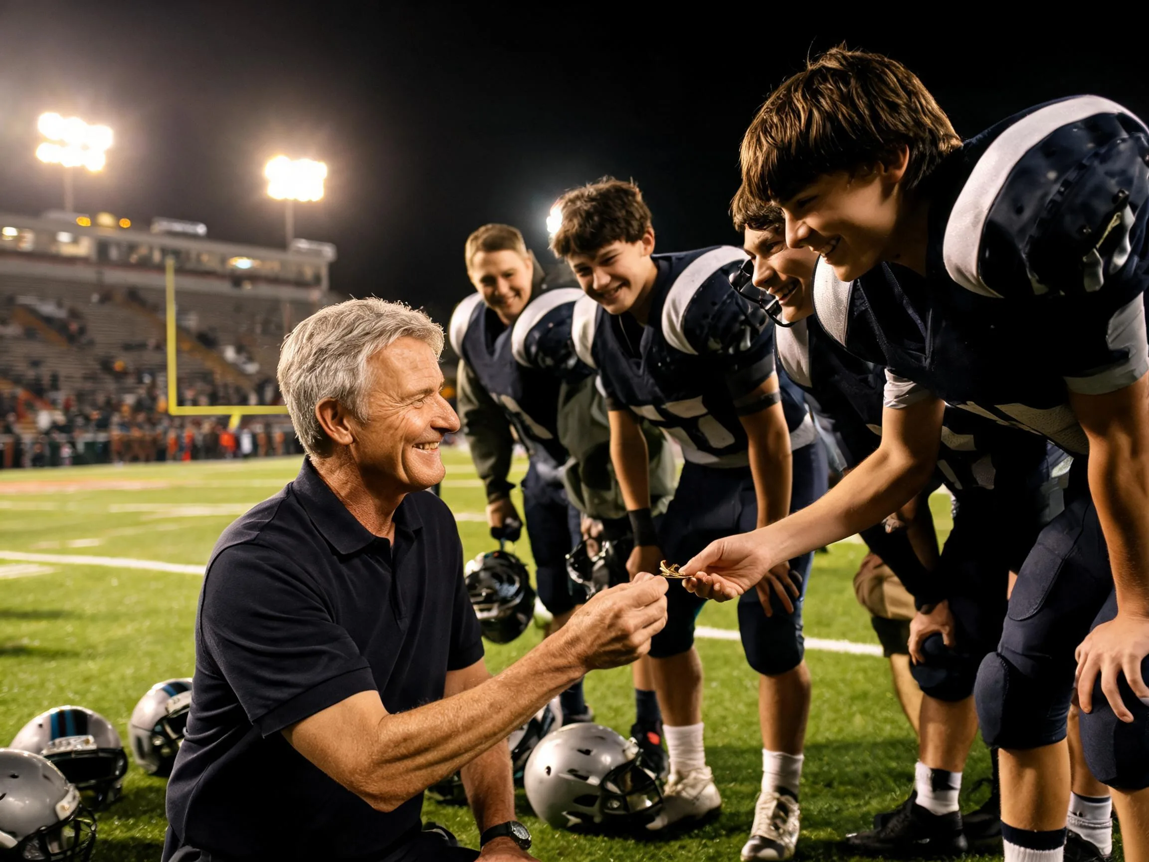 Coach and young football player share proud moment under Friday night stadium lights.