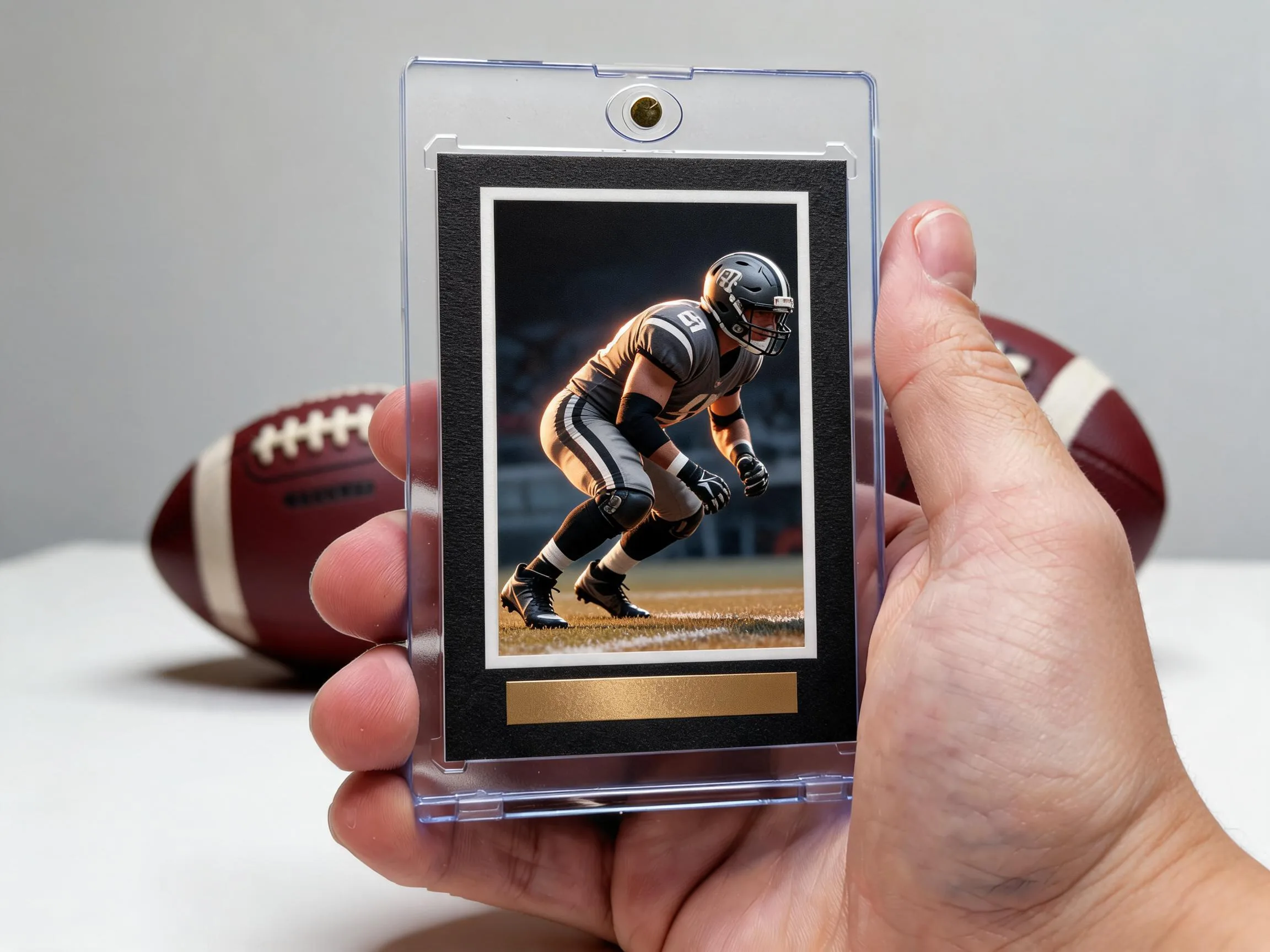Custom football trading card with gold foil tab displayed in magnetic case.