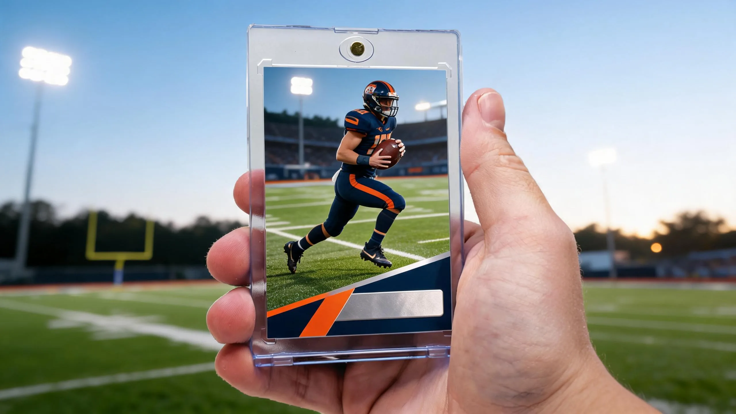 Hand holding magnetic case with custom football card, football card release dates concept.