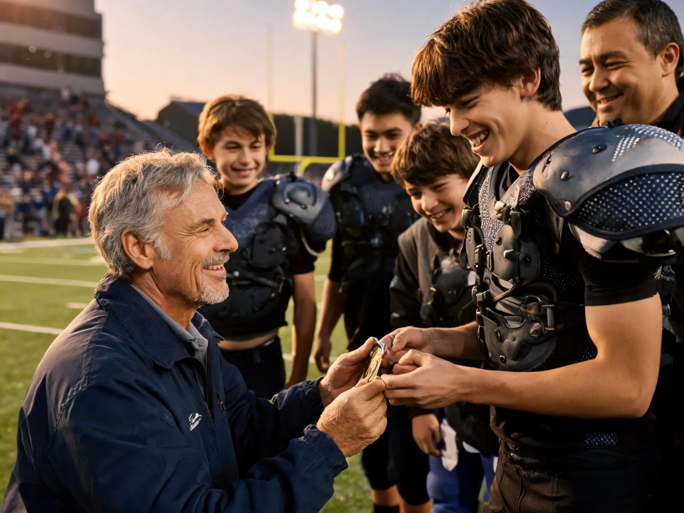Coach and young football player share proud moment under Friday night stadium lights.