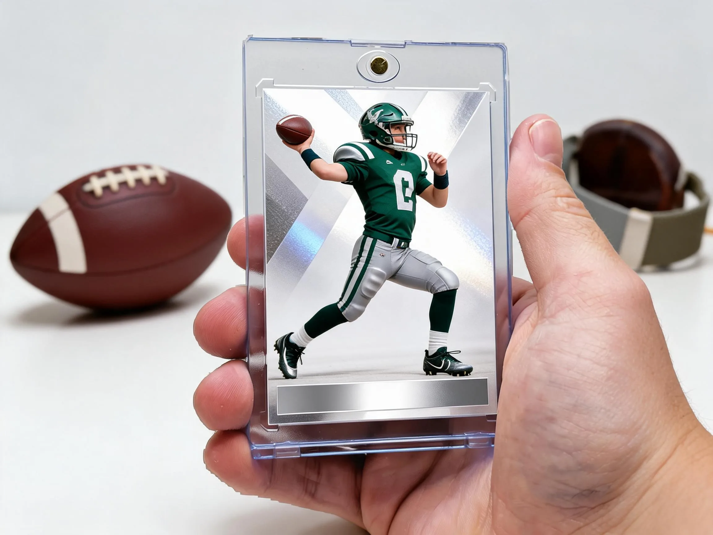 Custom football trading card in clear magnetic case on white tabletop.