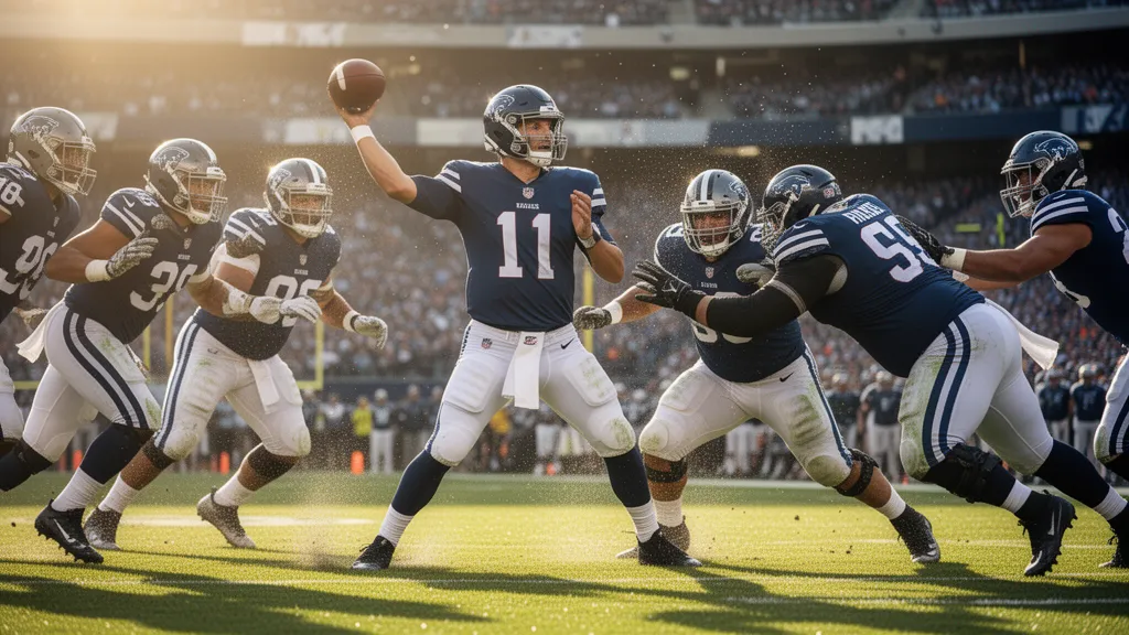 Football quarterback throwing pass while being rushed by defensive players during game action