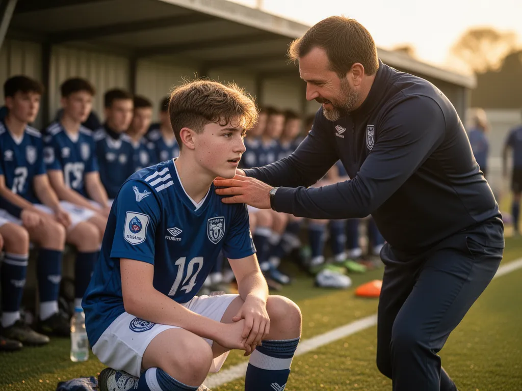 Coach mentoring young football player on sideline with encouragement and support