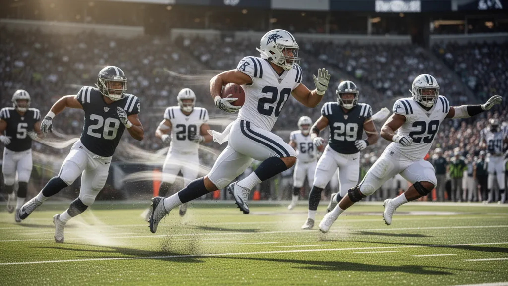 Football players in dynamic action during competitive game with natural outdoor lighting