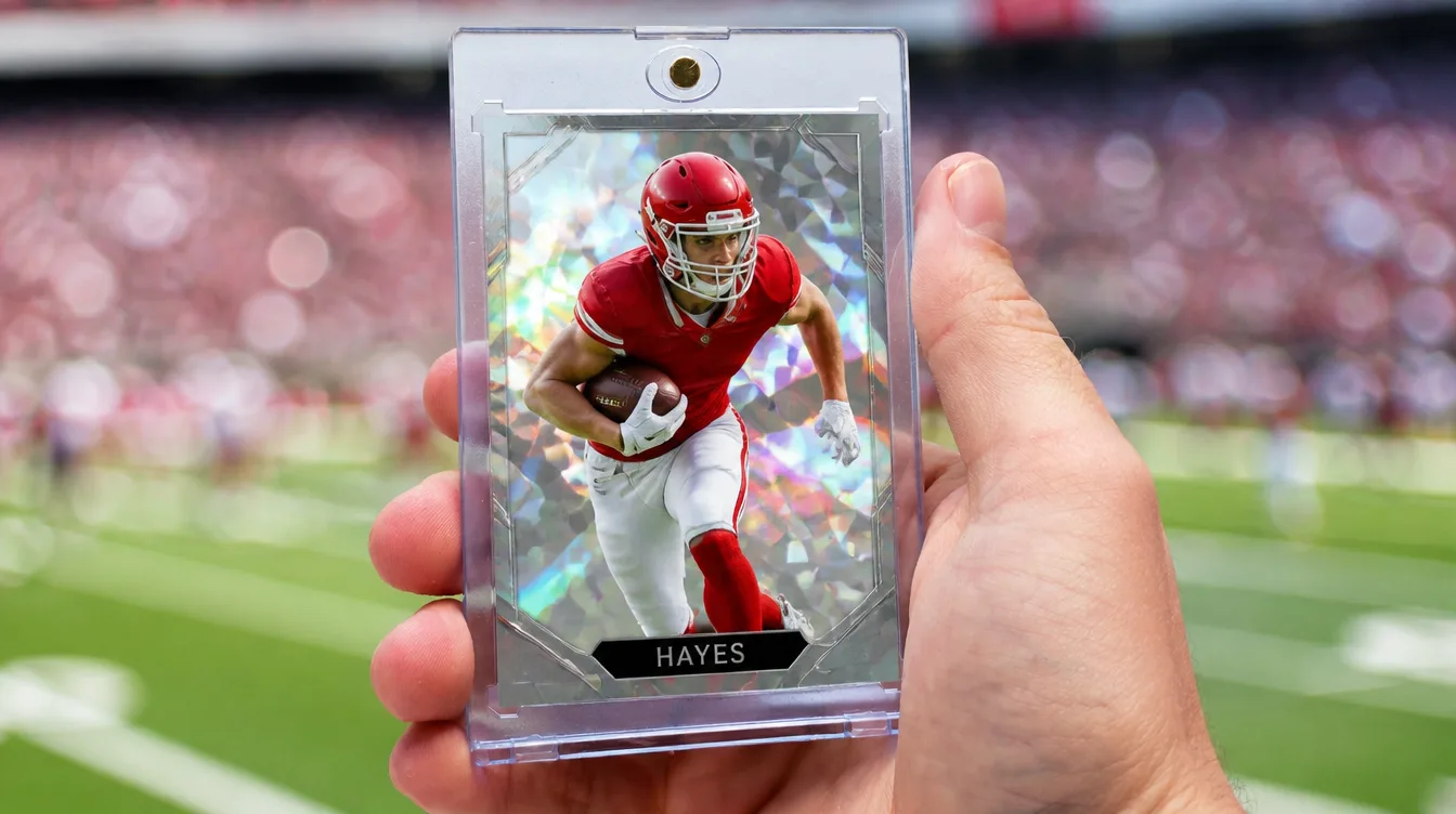 Custom football trading card displayed in a one-touch magnetic case