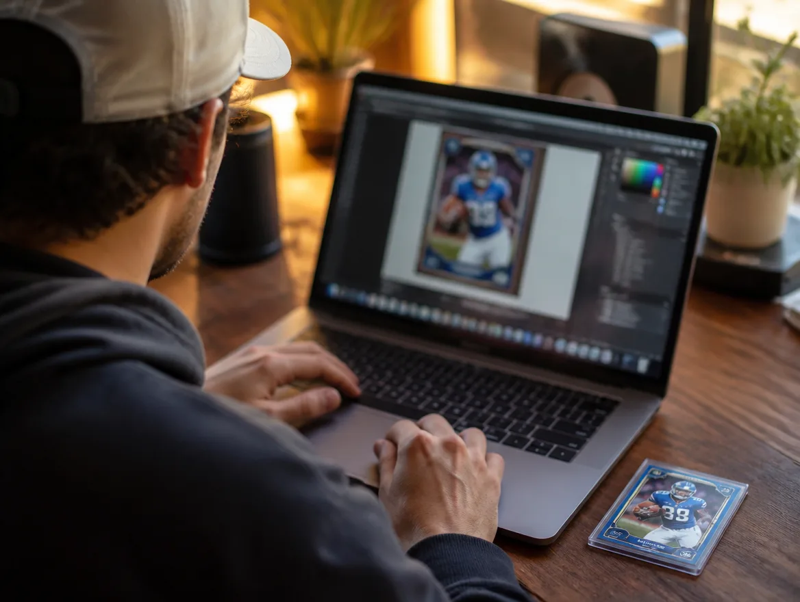 Person designing a custom football card instead of using a football card template
