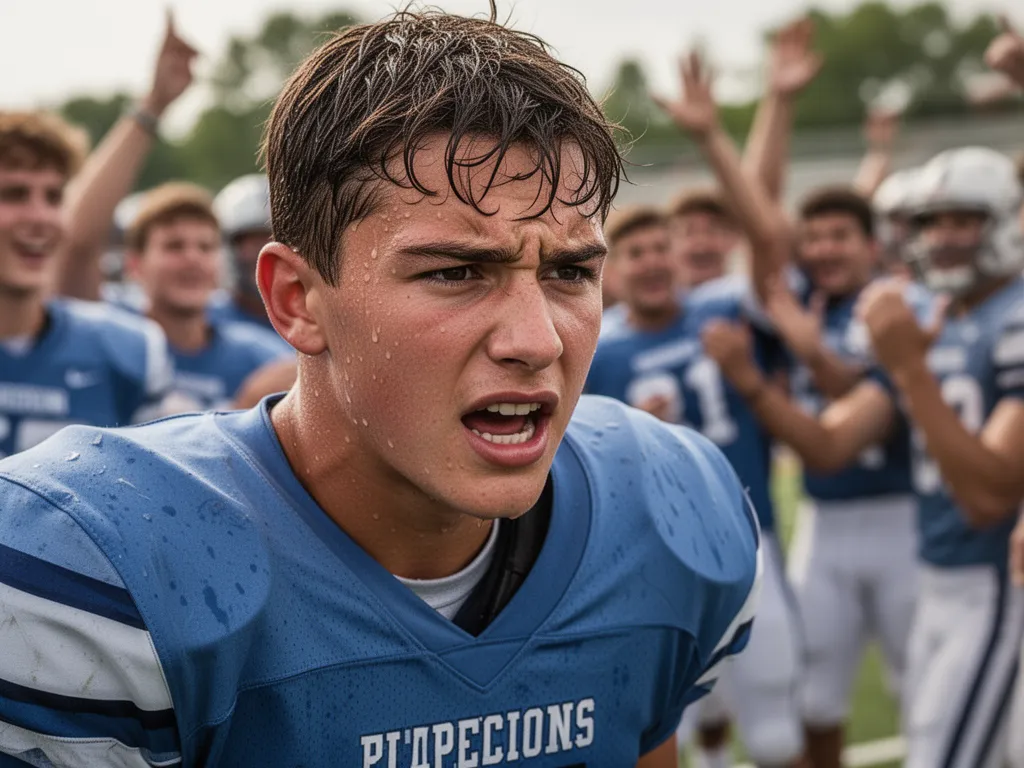 Young football player displaying focused determination during competitive game moment