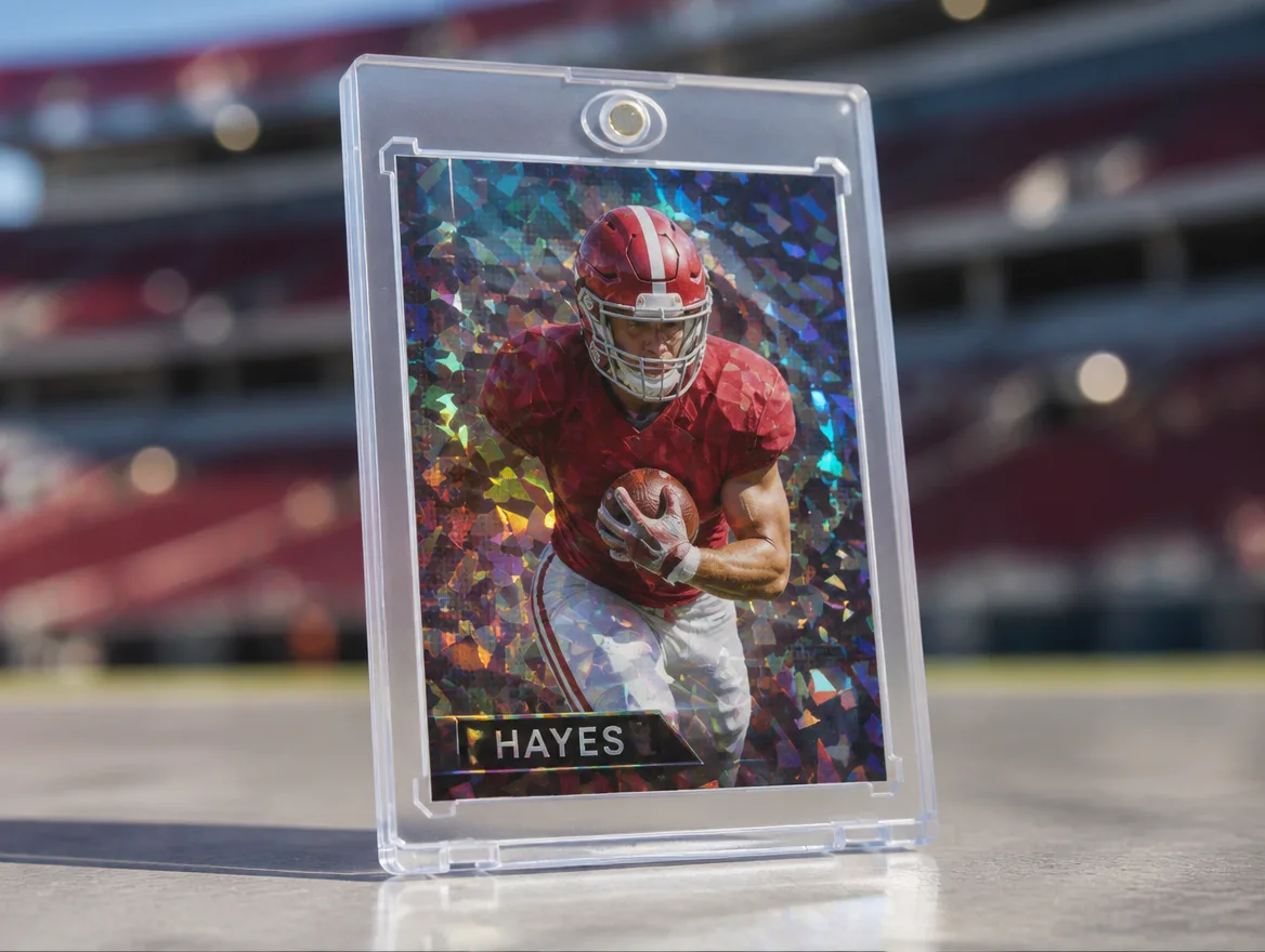 Custom football card standing upright in a clear magnetic case