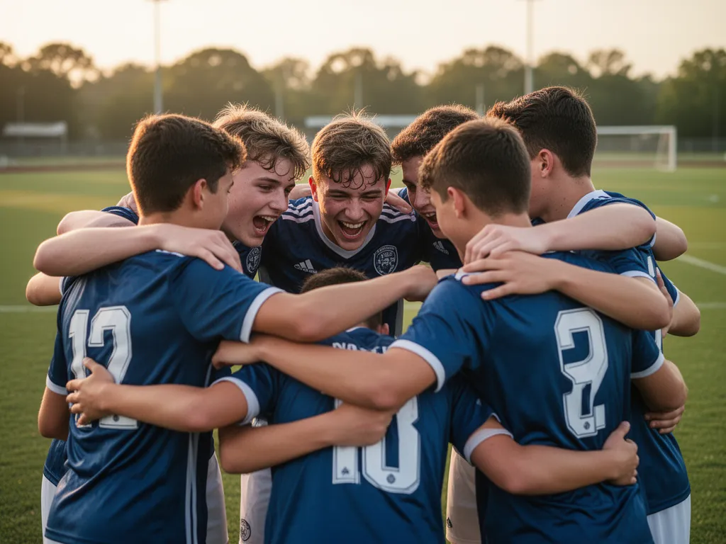 Young football teammates celebrating together in emotional huddle after successful score
