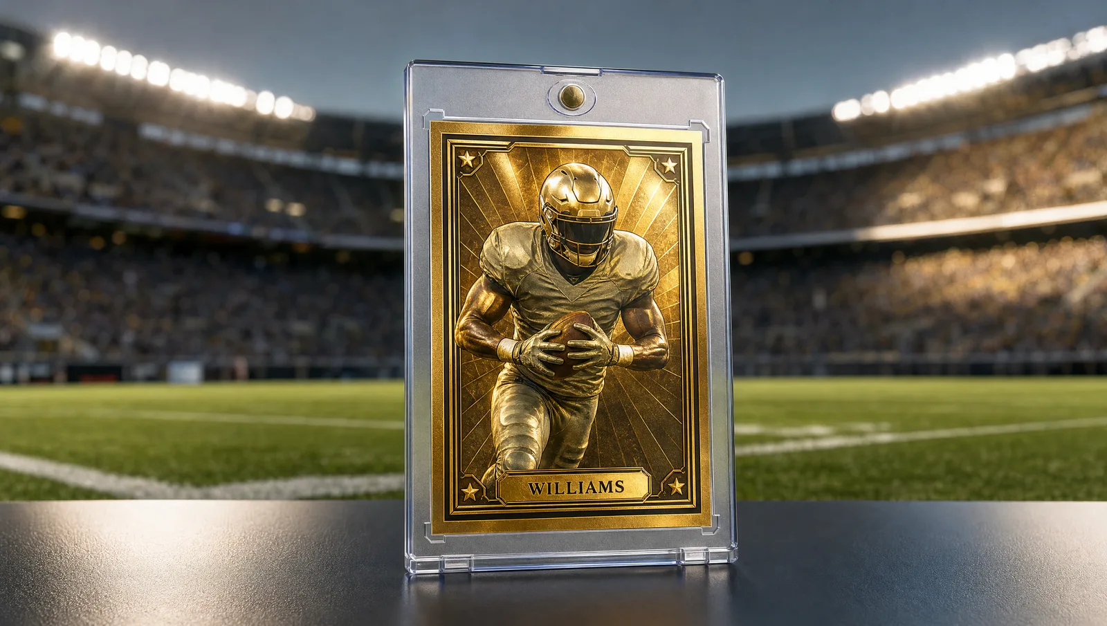 Custom football collectible cards shown in a clear magnetic display case