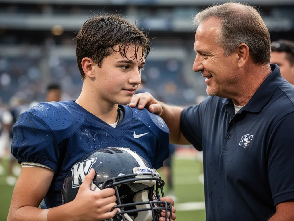 Young football player with coach showing mentorship, helmet in hands, genuine emotional connection moment