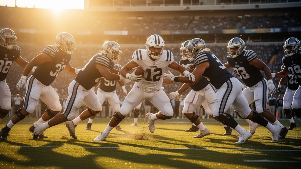 Football players in action during an intense game moment with dynamic movement and athletic intensity
