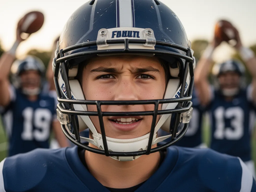 Young football player in helmet displaying focused determination during game with celebratory teammates visible