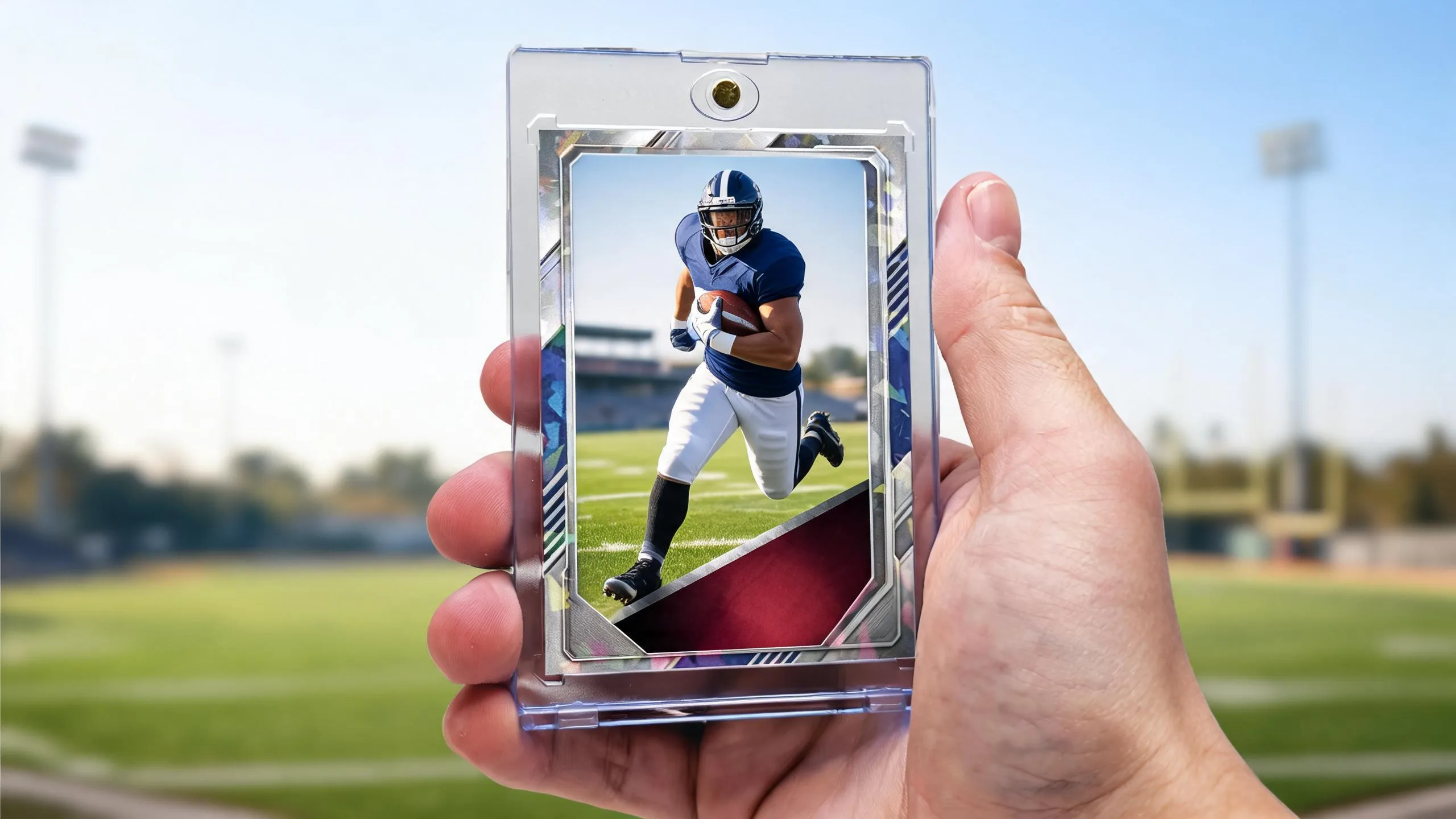 Hand holding magnetic case with football locker decorations card, running back mid-stride design.