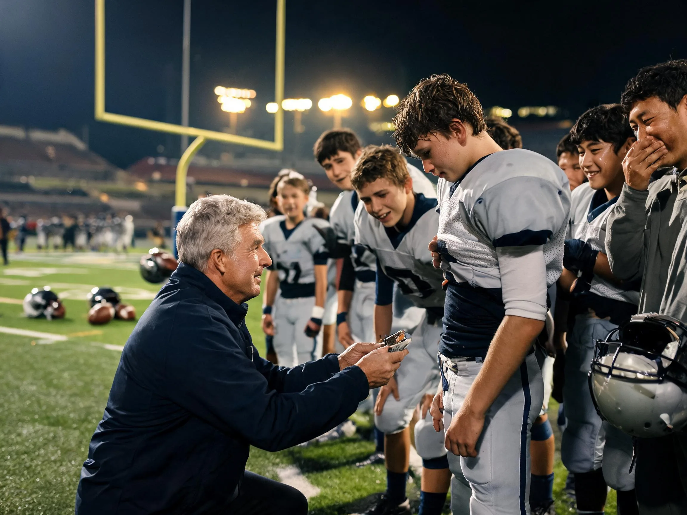 Coach and young football player share proud moment under Friday night stadium lights.