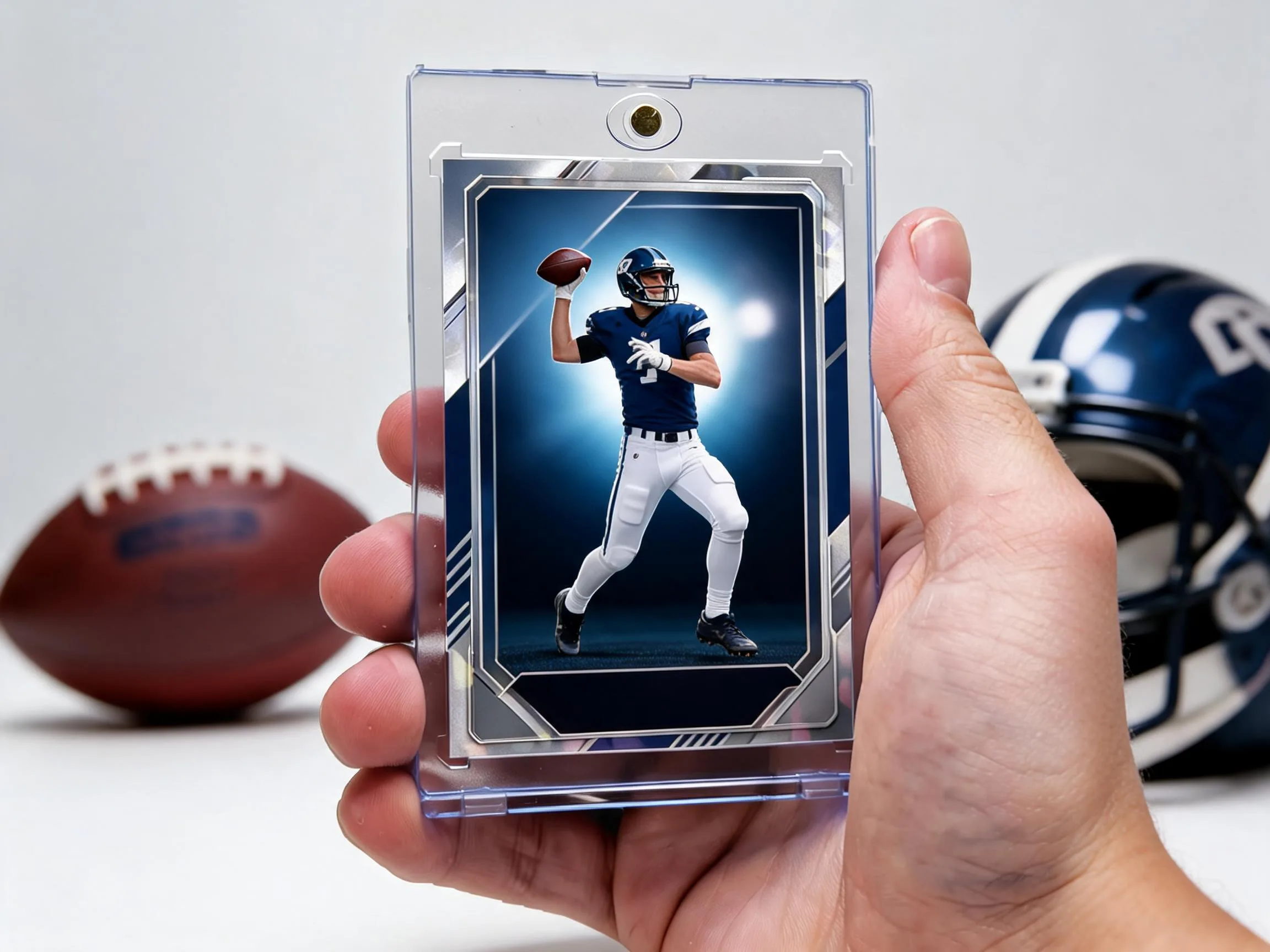 Custom football trading card in magnetic case, quarterback throwing pose, stadium-night design.