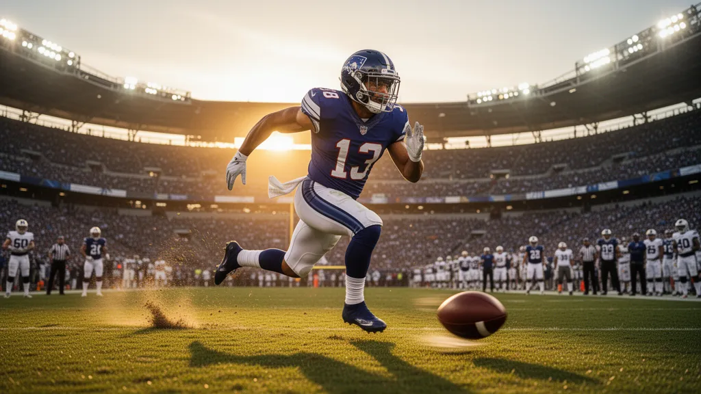 Athletic football player sprinting with ball during intense outdoor game action
