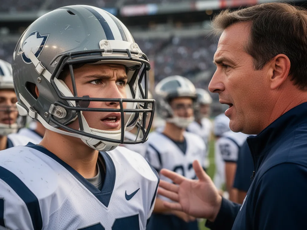 Young football player in helmet showing determination during sideline coaching moment