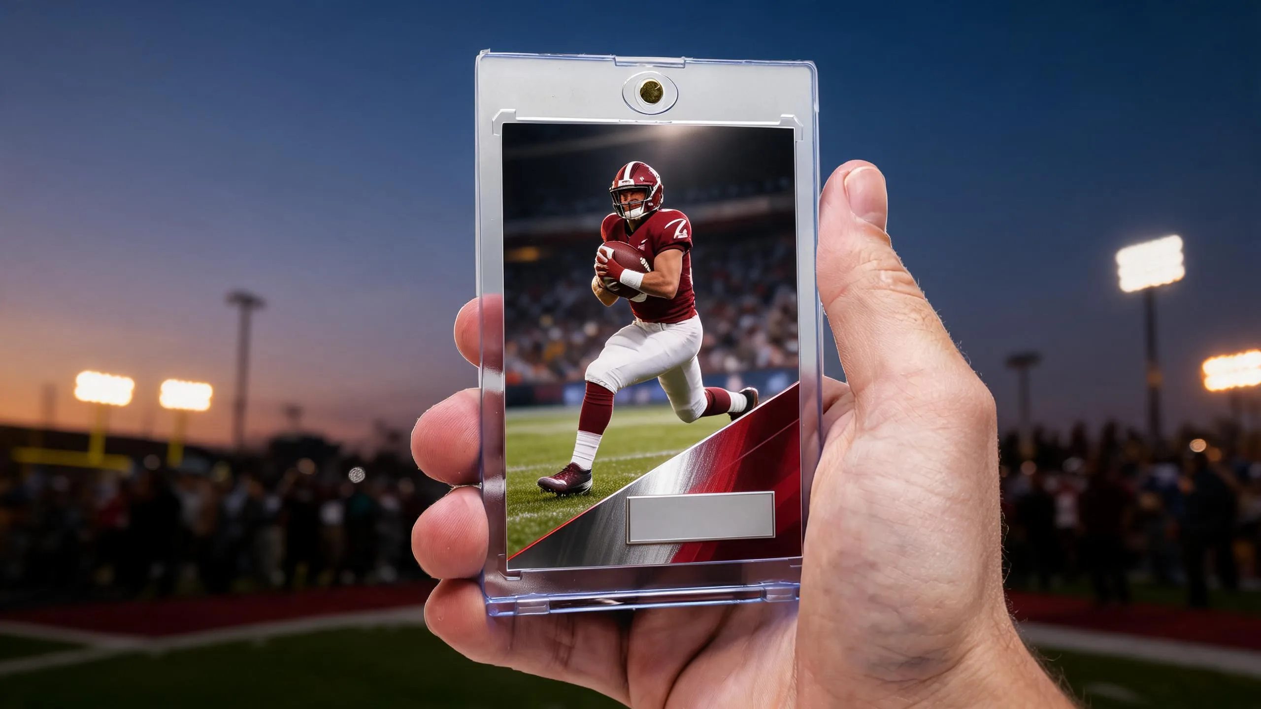 Hand holds magnetic case with football senior banner ideas card, stadium lights glowing behind.