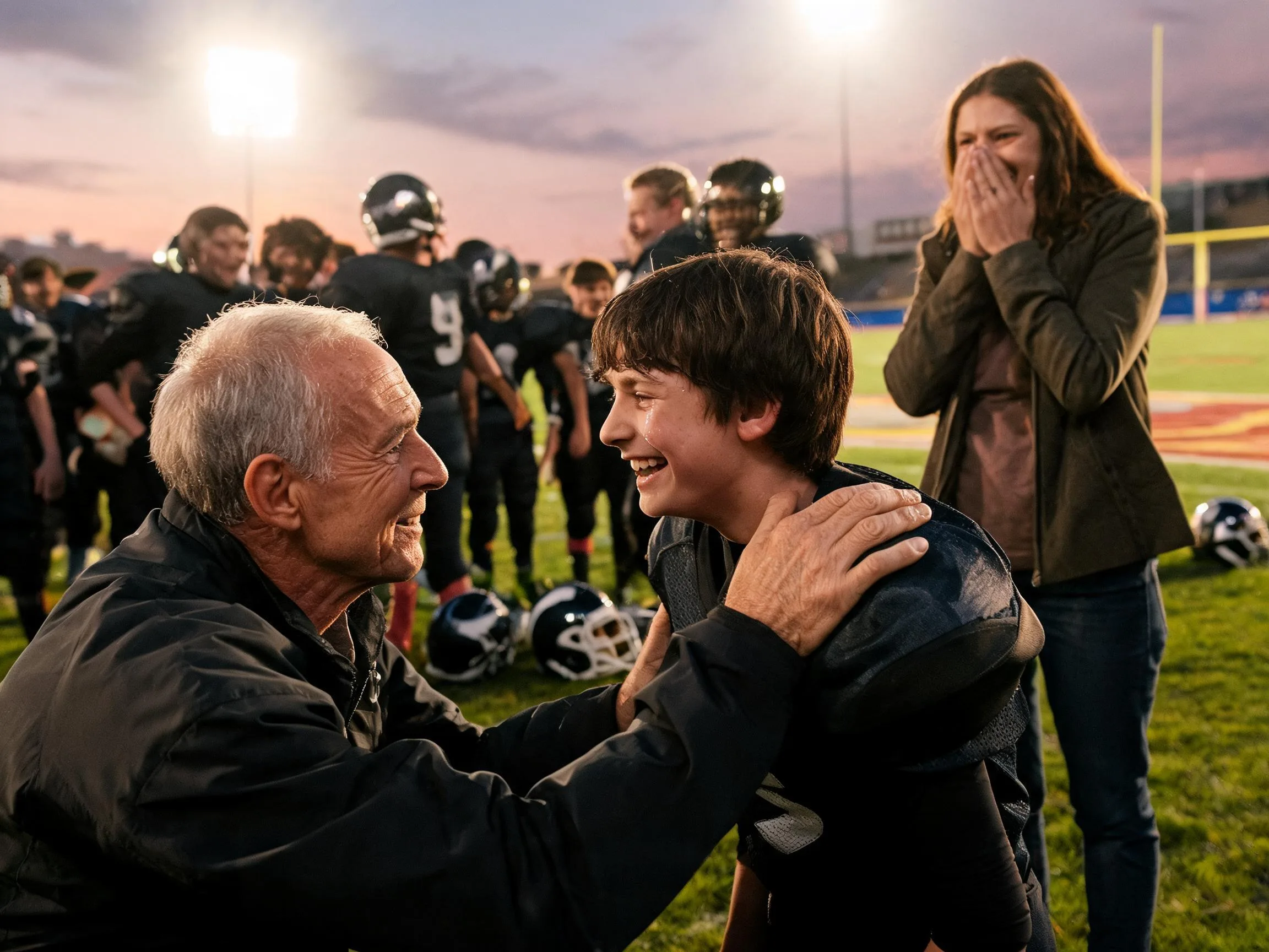 Coach and proud parent celebrate with young football player under stadium lights.