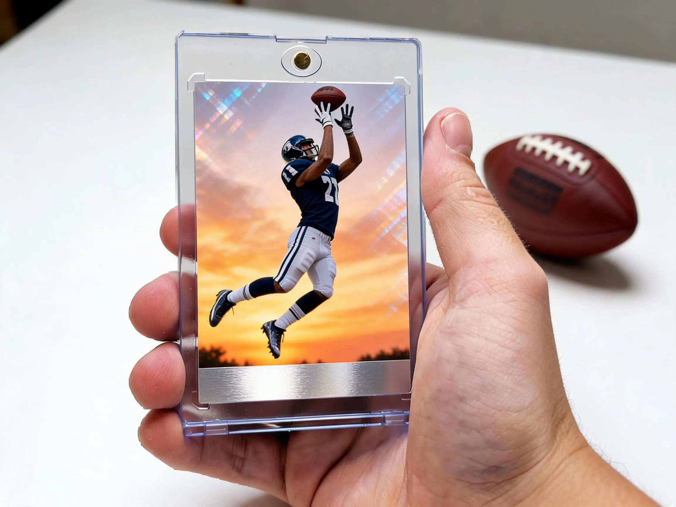 Custom football trading card in clear magnetic case displayed on white tabletop.