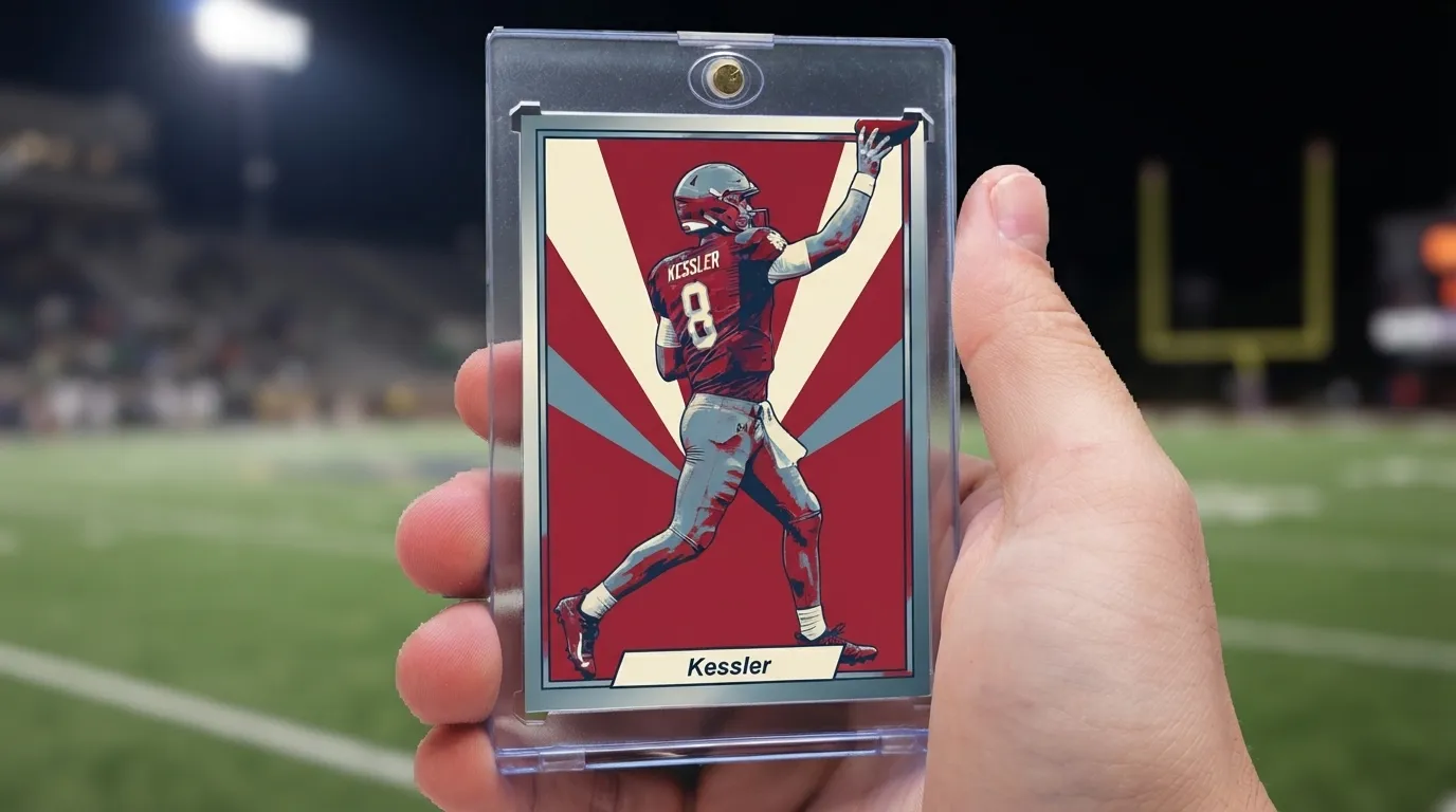 Hand holding magnetic case with duotone football senior night ideas trading card under stadium lights.