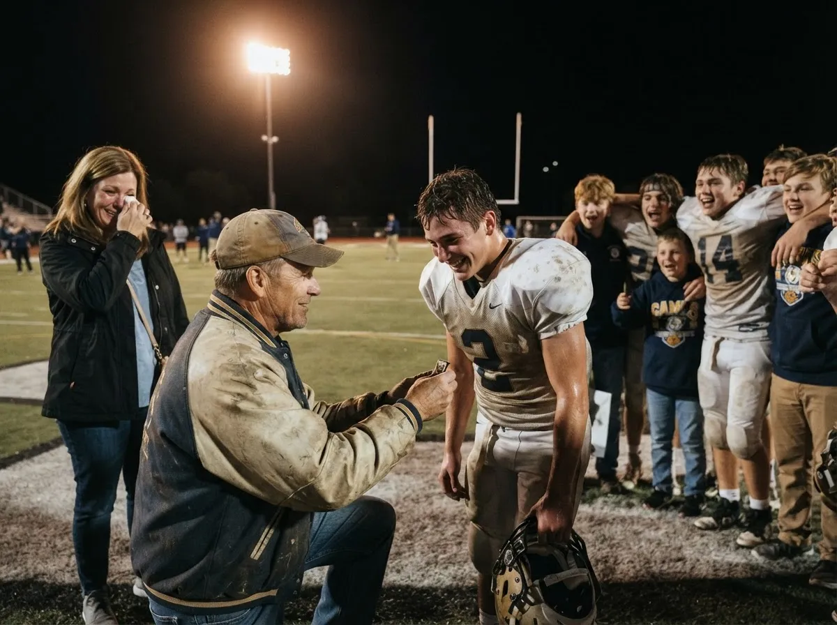 Coach and young football player share emotional Friday night senior night moment on field.
