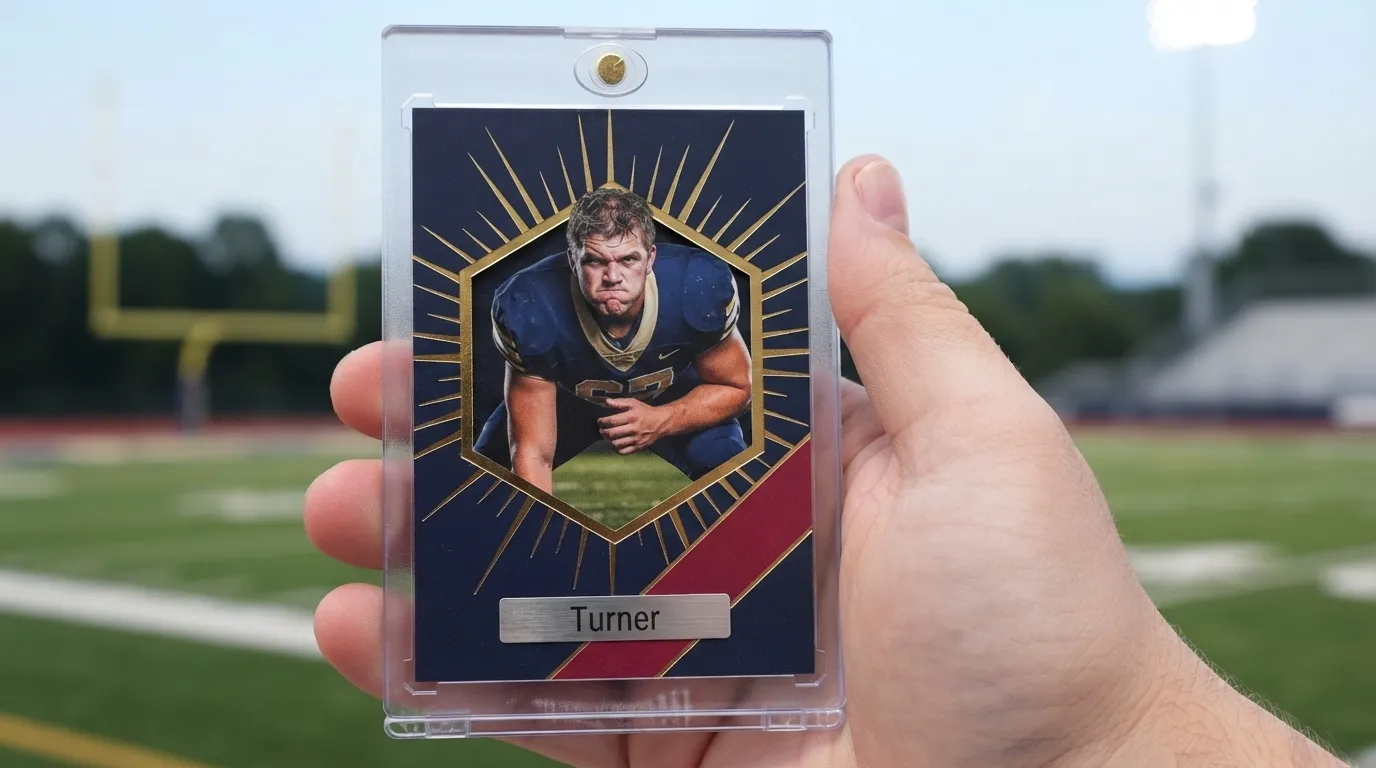 Hand holding magnetic case with football senior night poster ideas card, gold foil die-cut design.
