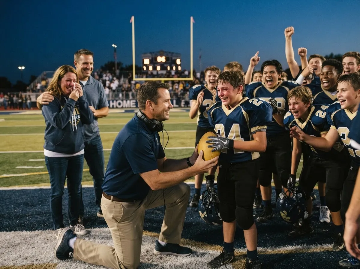 Coach and young football player share proud emotional moment under Friday night stadium lights.