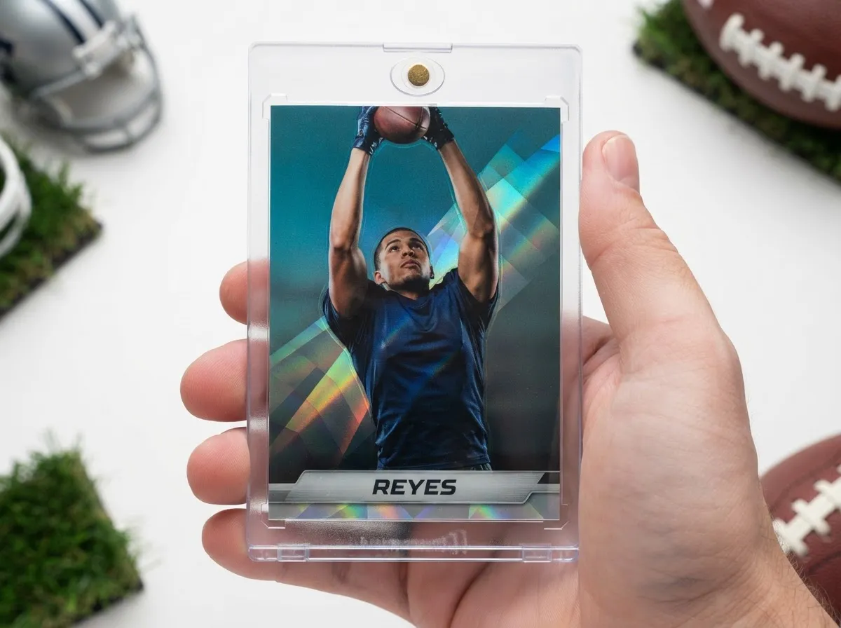 Custom football trading card in magnetic case showing chrome refractor receiver design.