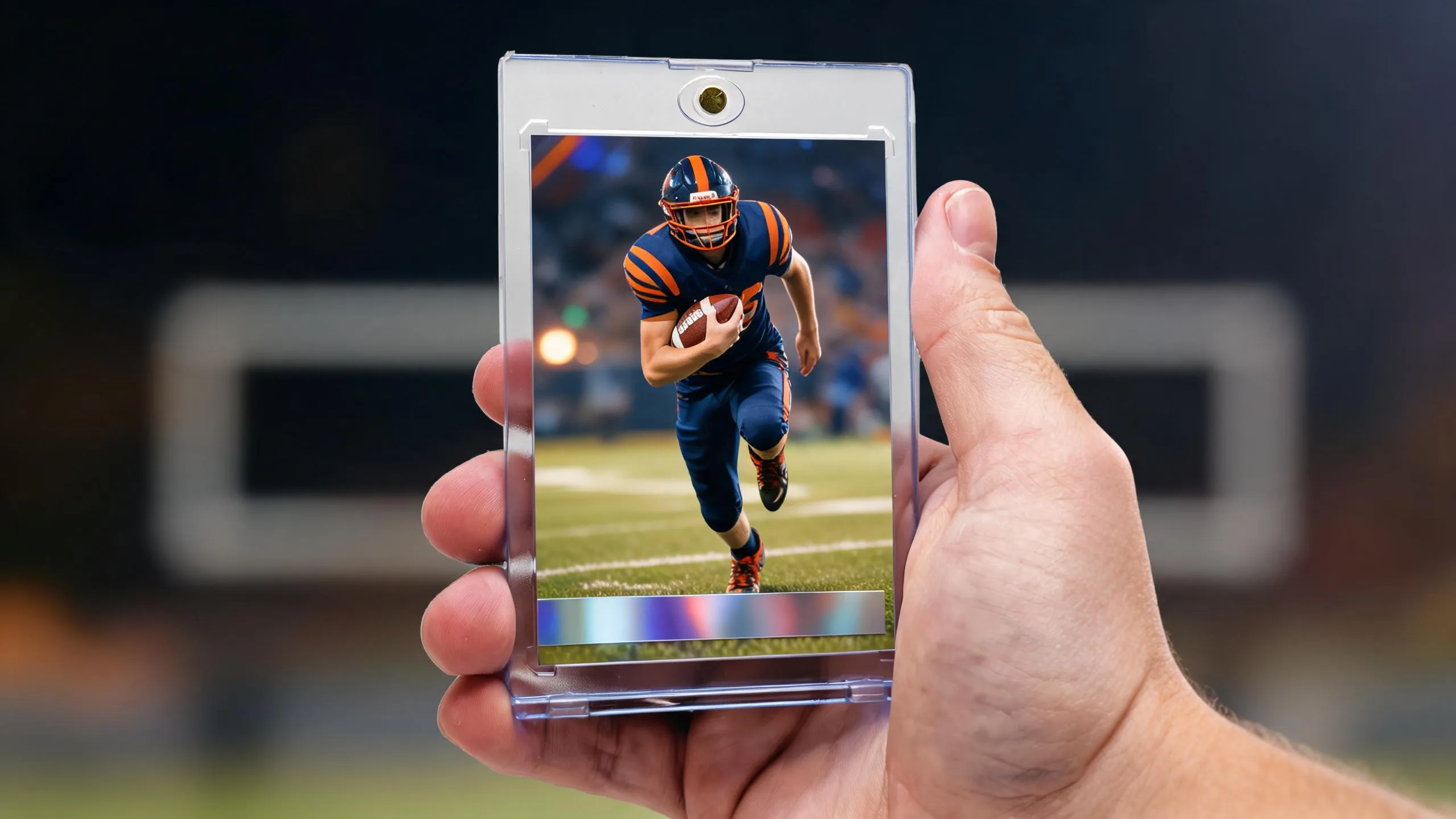 Hand holding magnetic case with football card, a standout football team mom gift idea.