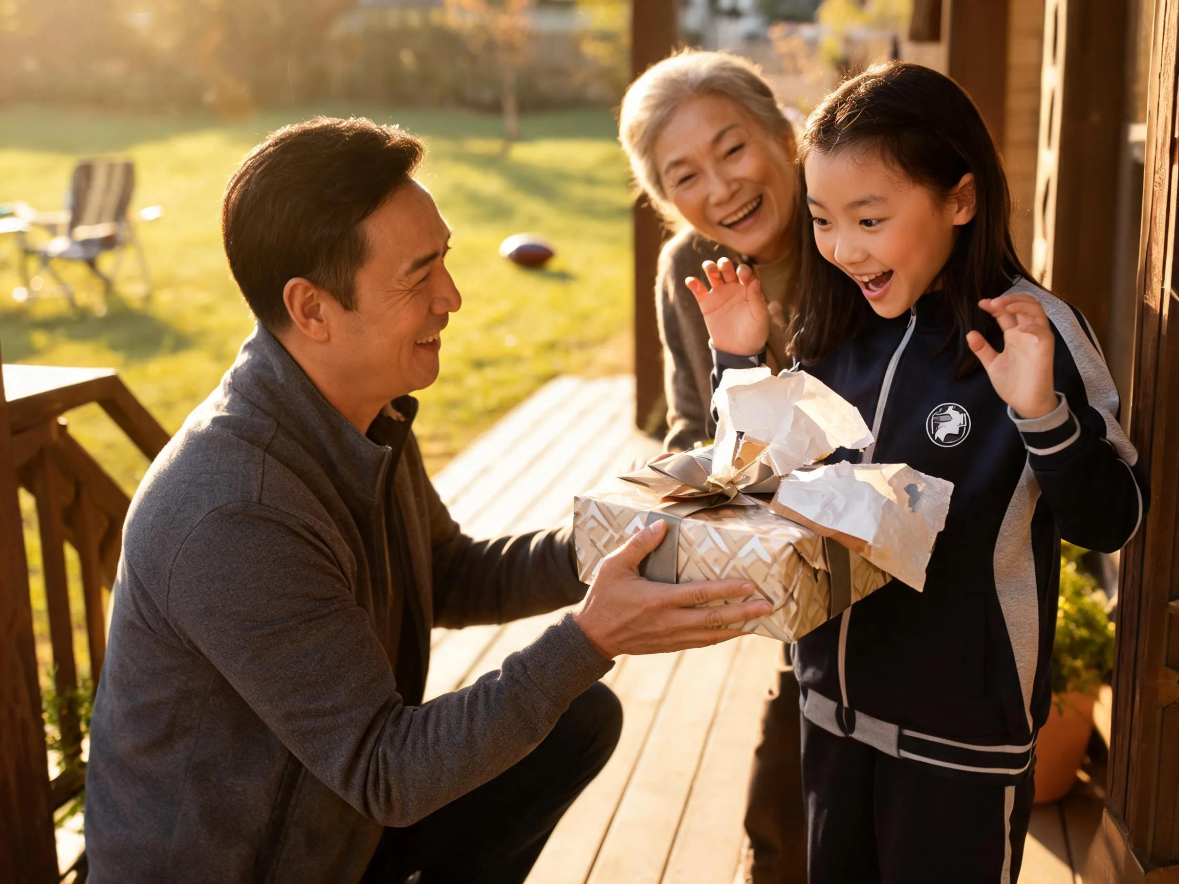 Family surprising a mom with a wrapped gift, joyful reaction on a sunlit porch.