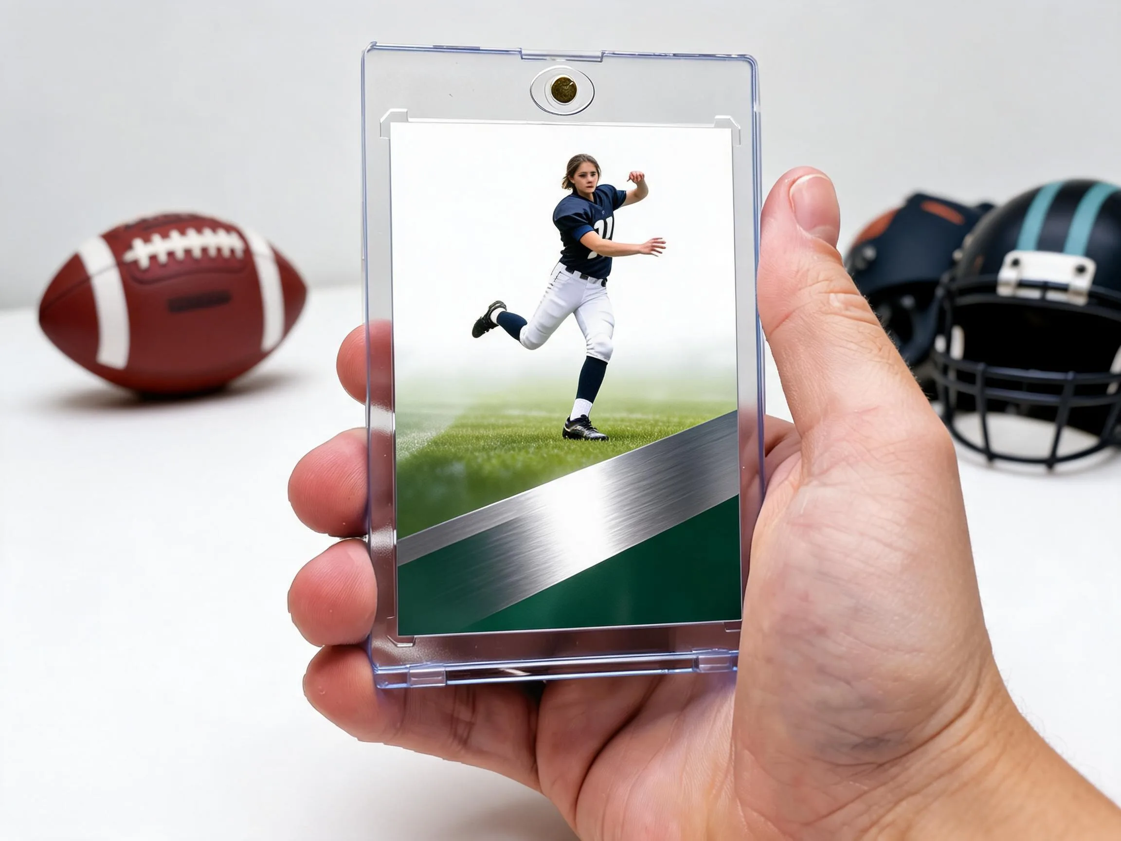 Custom football trading card of a young kicker in a clear magnetic display case.