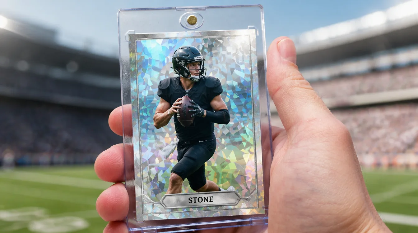 Custom football trading card held inside a clear magnetic display case