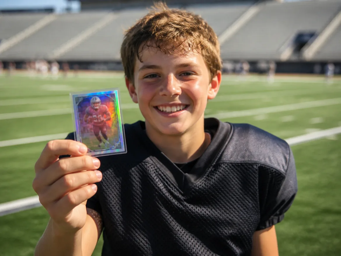 Young player holding up a custom holographic football trading card